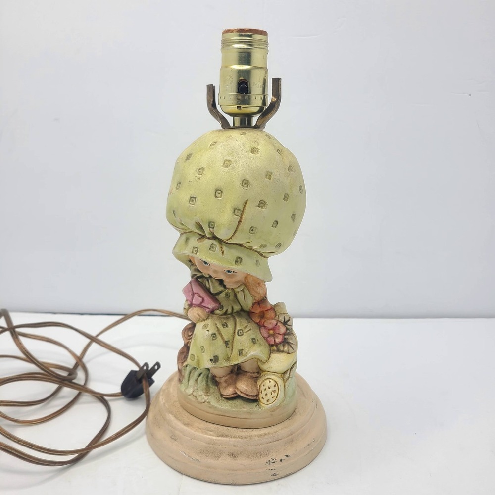 1970s Ceramic Big Bonnet Girl Lamp Holly Hobbie Style Handmade Cottagecore Work